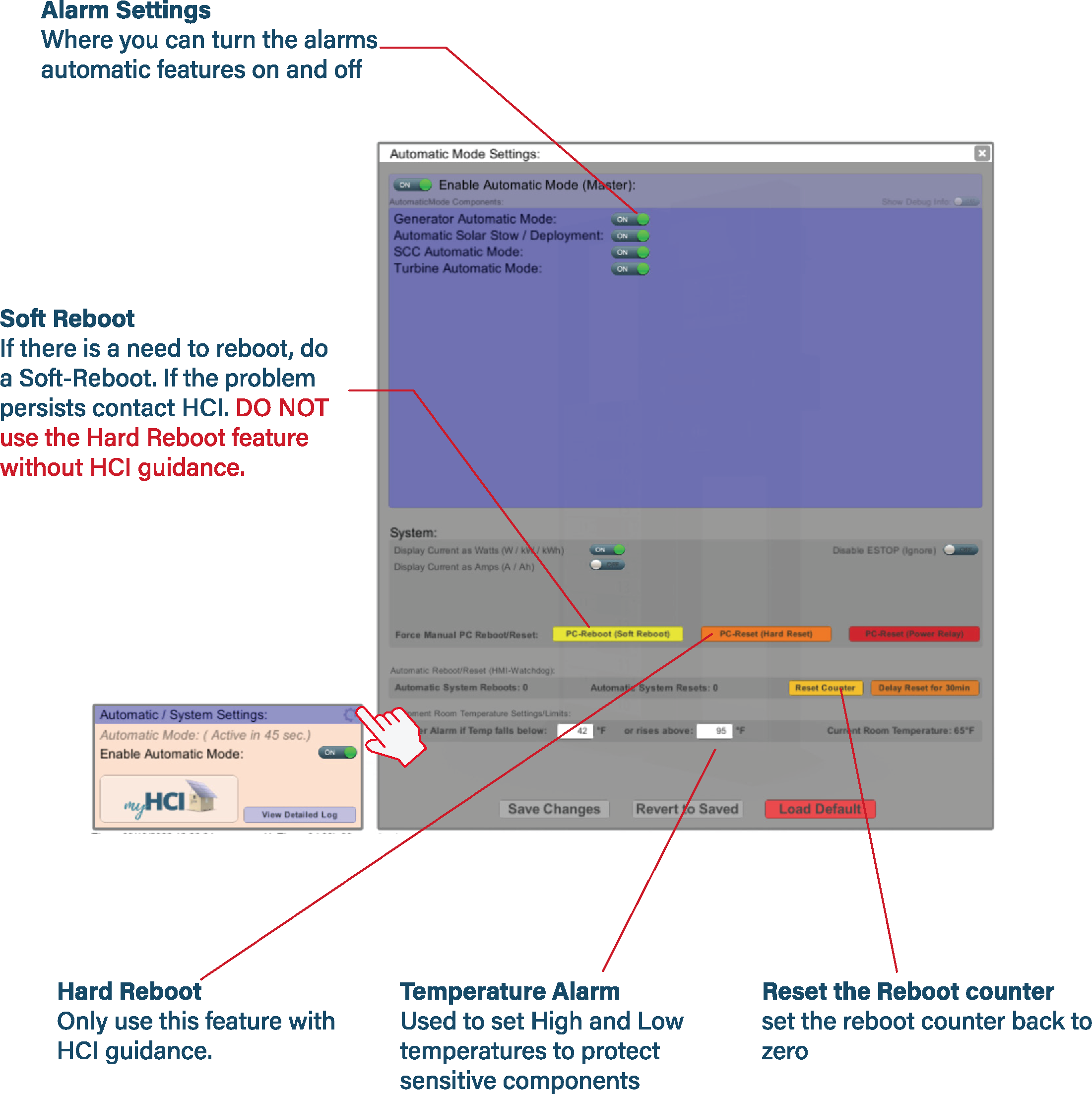 System alarm settings and soft reboot
