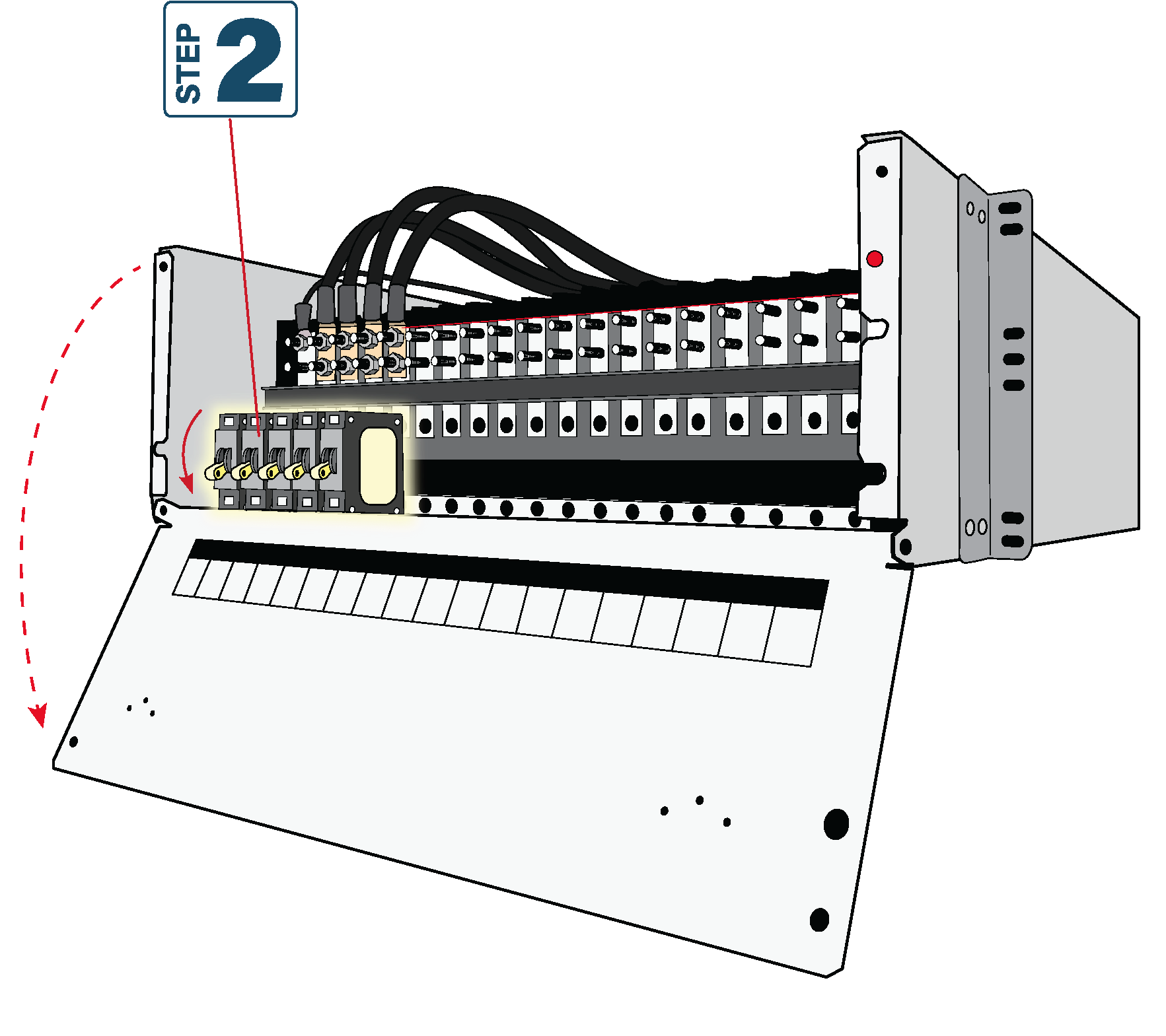 At the top of the module, open the door by unscrewing the knobs at the top left and right corners.  Step 2: Turn OFF all circuits one at a time