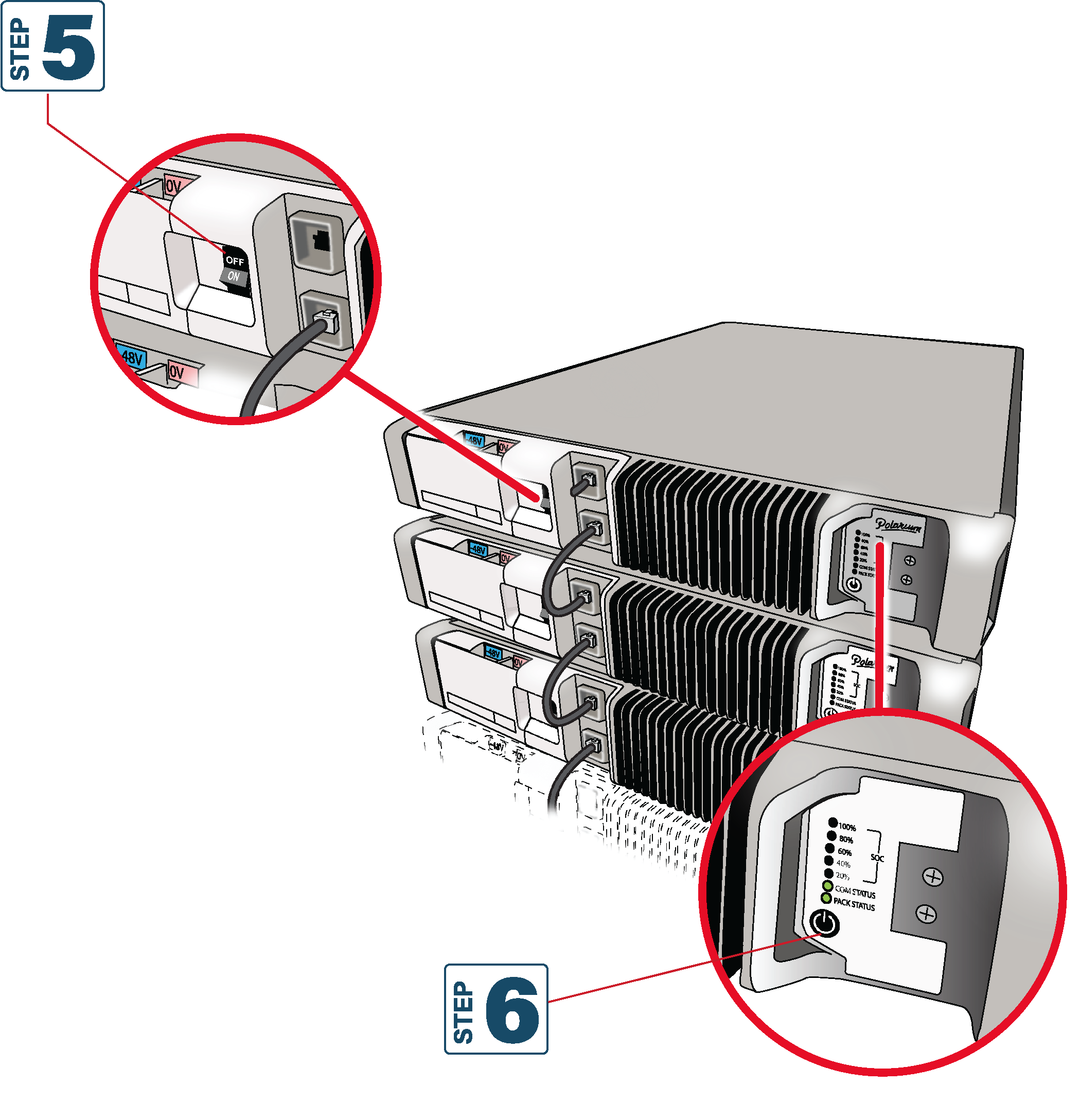 Step 5: BATTERIES Switch the battery circuit breaker to OFF, one battery at a time.      Step 6: Press and hold “Power Button” until “SOC Pack Status” light changes color. 