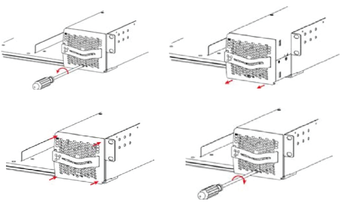 Removal and Insertion 1.    Remove the old module by rotating the screw in a counterclockwise direction by using a phillips screw driver to unlock the latch and pulling the module out using the front handle.