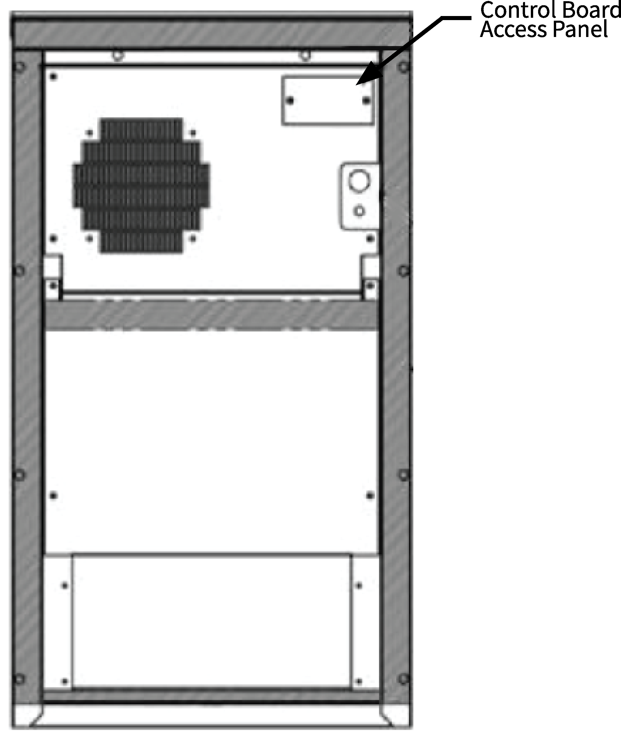 TEMPERATURE CONTOL BOARD: The HVAC includes an electronic control board that provides monitoring of temperature and system operation with a simple and easy to use interface to allow the installer or maintenance technician to easily startup, operate, and diagnose/troubleshoot the unit. The control board is easily accessible from the upper interior cutout of the unit by removing the control board access panel. 