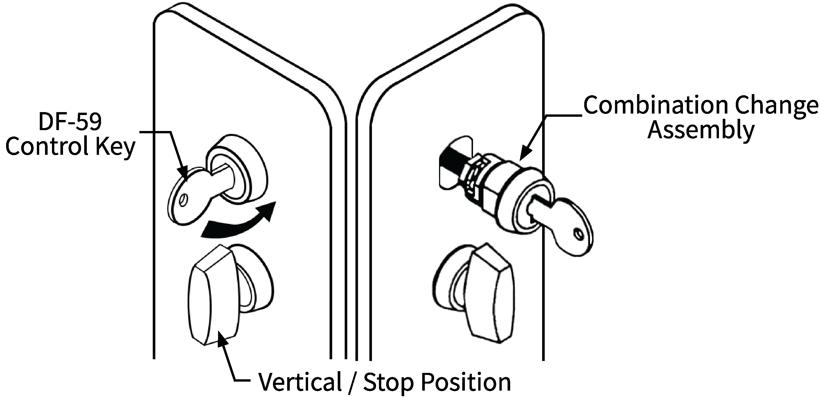 1. The turn knob or key should be in vertical position.  2. Insert the DF-59 control key into the combination change plug assembly and unscrew the cylinder by turning the key counterclockwise.  3. Remove the combination change plug to gain access to the combination change sleeve.  4. Turn the outside lever down once to the vertical (stop) position, then release — the latch should not retract.  5. Enter the existing combination (a slight click should be felt as each button is depressed).  6. Insert the spanner wrench to engage the combination change sleeve.